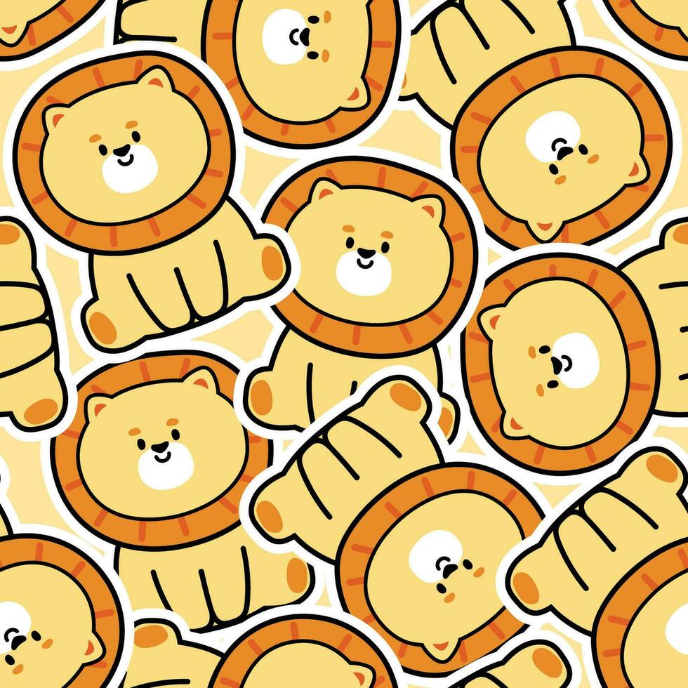 Seamless pattern of cute lion sit sticker background.Wild animal character design.Baby clothing.Print screen.Kid graphic hand drawn style.Kawaii.Vector.Illustration. vector