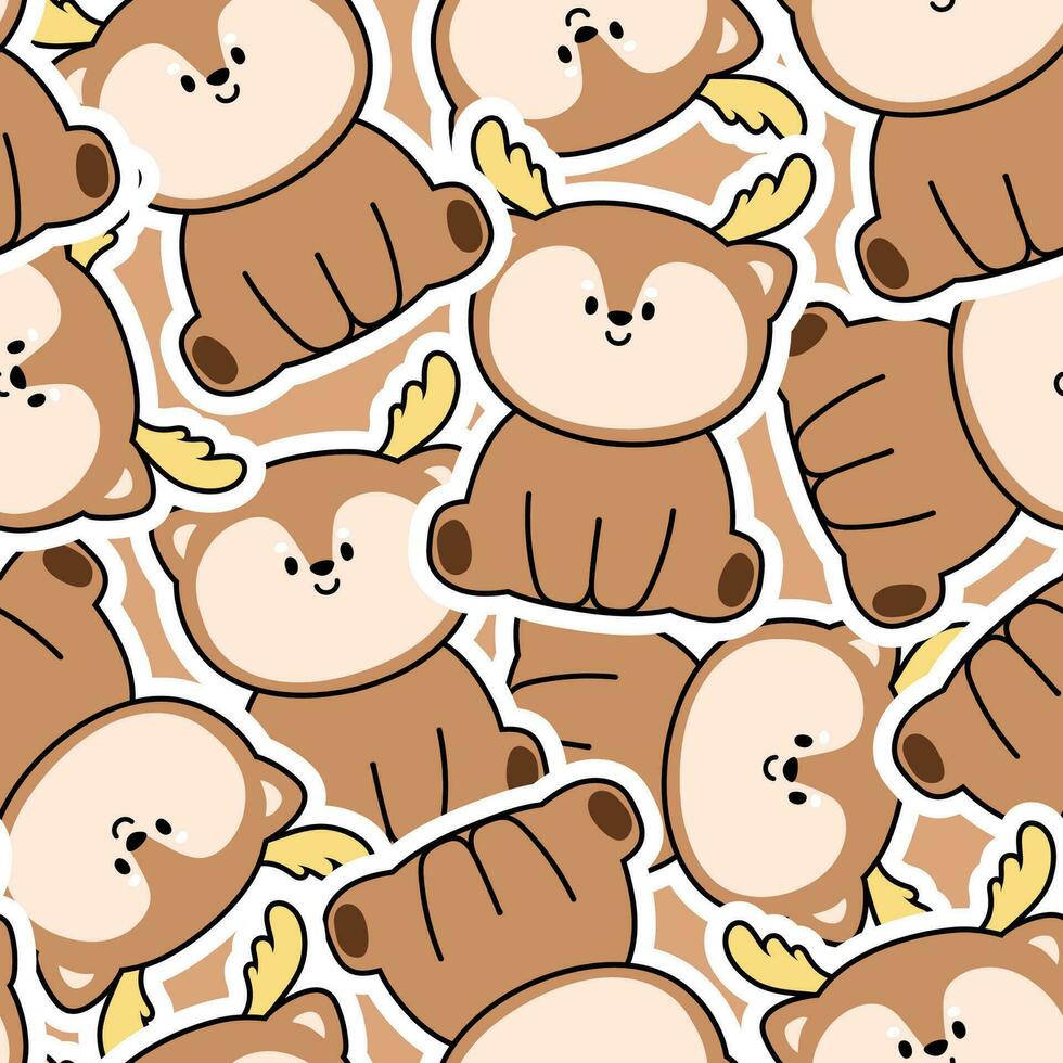 Seamless pattern of cute deer sit sticker on brown background.Animal character cartoon design.Baby clothing screen.Hand drawn.Repeat.Kawaii.Vector.Illustration. vector