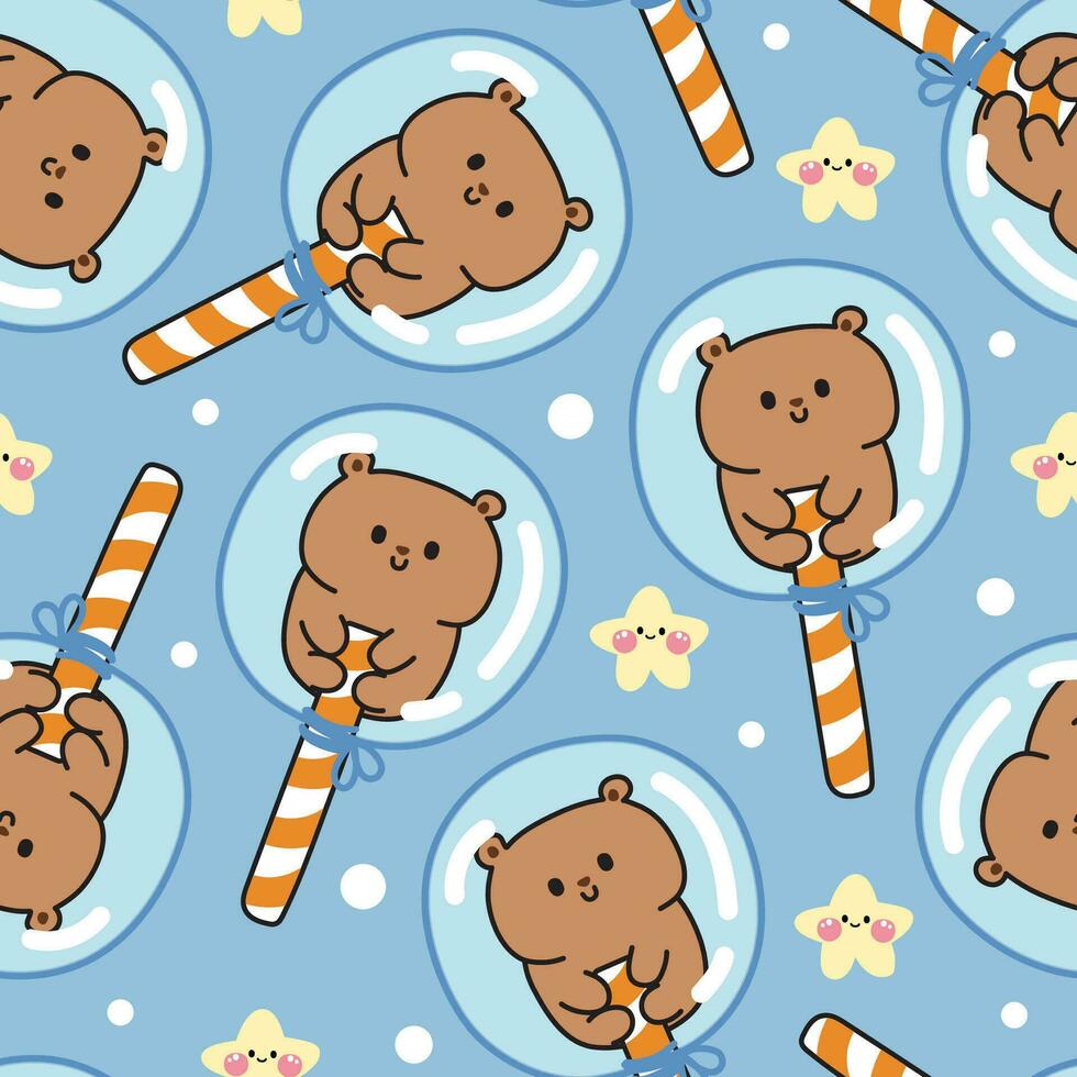 Seamless pattern of cute teddy in candy package with tiny star on blue background.Wild animal character cartoon design.Sweet and dessert.Kawaii.Vector.Illustration. vector