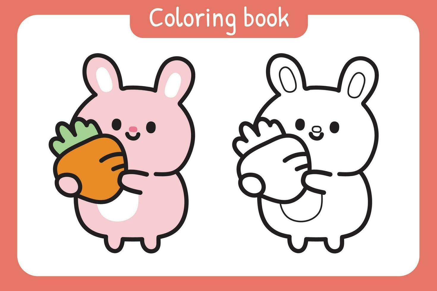 Coloring book.Painting book for kid.Cute rabbit with carrot cartoon hand drawn. vector