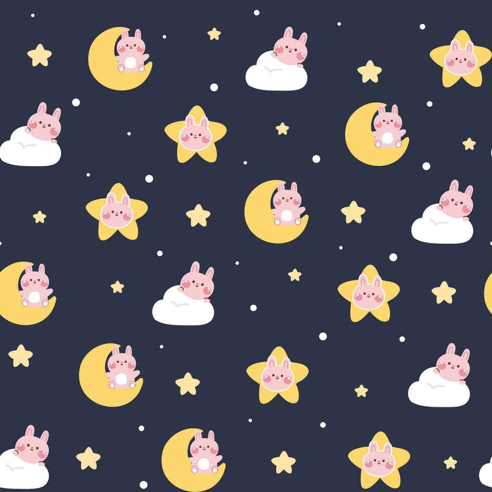 Seamless pattern of cute rabbit cartoon on night sky background.Moon vector