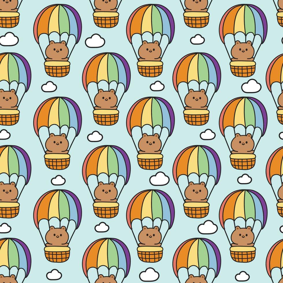 Seamless pattern of cute teddy bear stay in balloon on cloud sky background.Wild vector