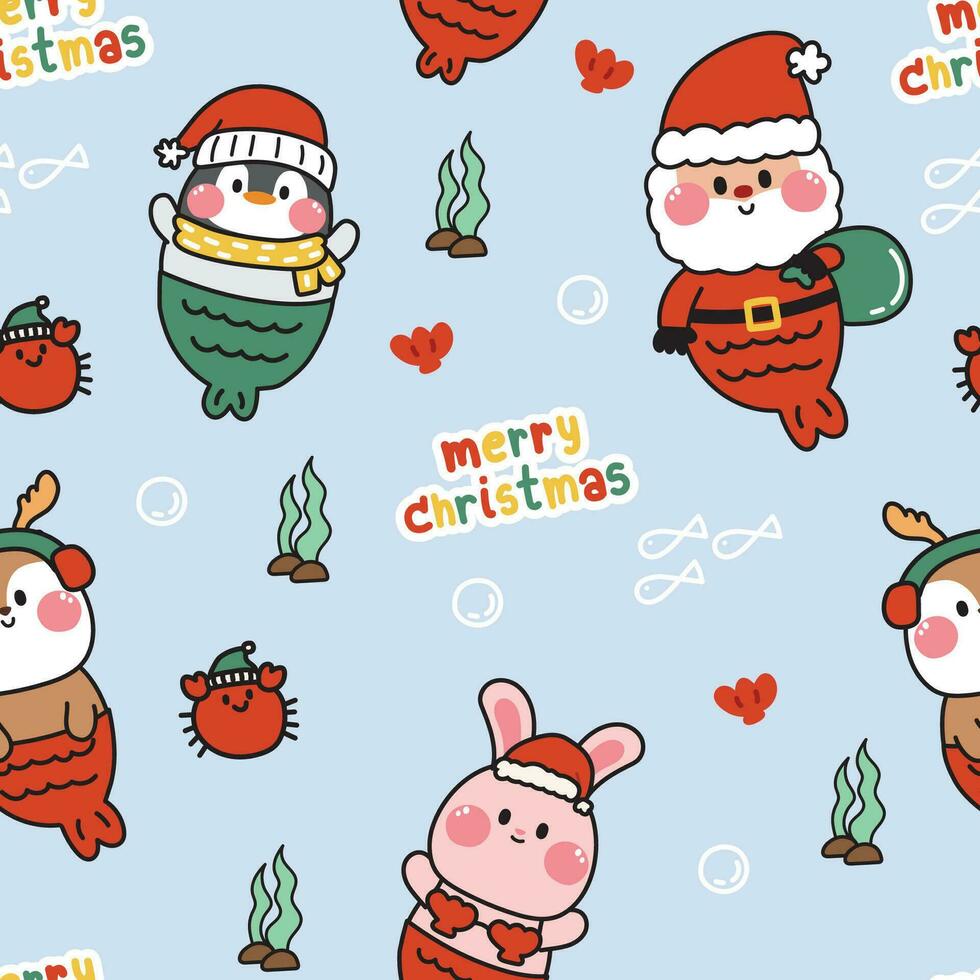 Seamless pattern of cute santa claus with animal mermaid in merry christmas concept.Under the water theme.New year.Kawaii.Image for card,poster,baby product.Vector.Illustration. vector