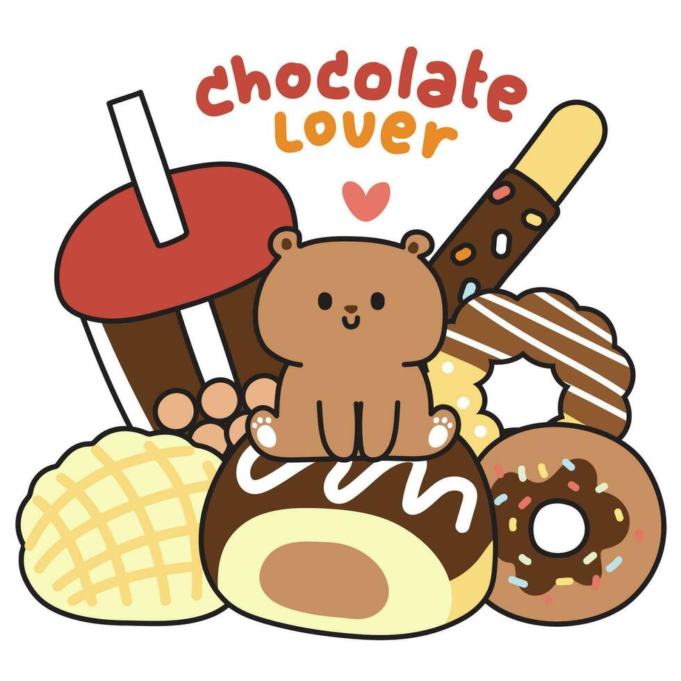 Tiny teddy bear sit on bakery on white background.Character cartoon design.Chocolate bread,bubble milk tea,donut hand drawn.Sweet and dessert.Kawaii.Vector.Illustration. vector
