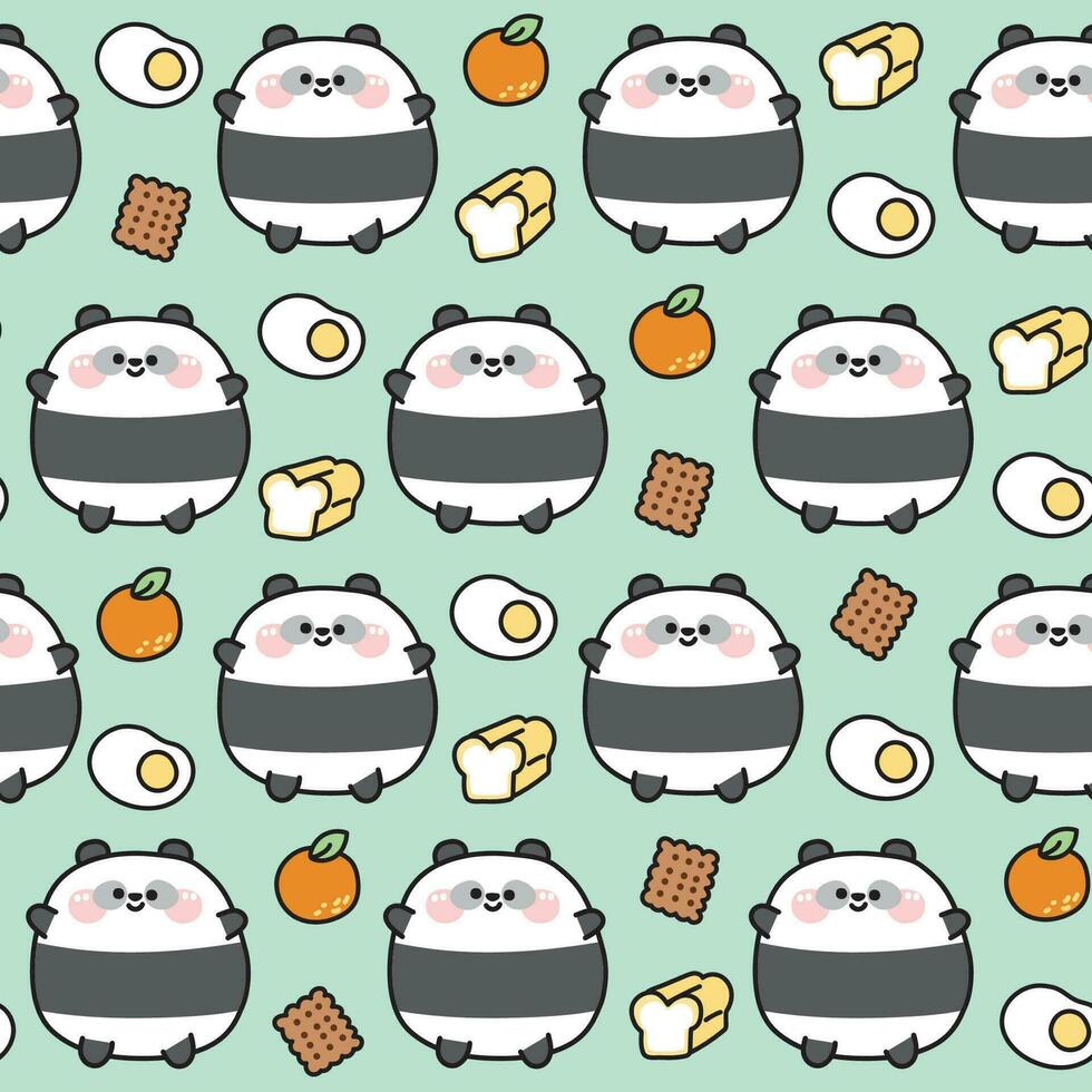 Seamless pattern of cute fat panda bear with food icon on pastel background.Chubby pet animal funny character cartoon design.Baby clothing.Fried eeg,orange,bread,crackers.Kawaii.Vector.Illustration. vector