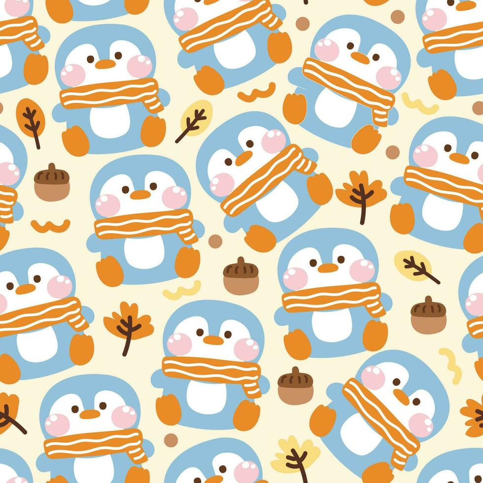 Seamless pattern of cute penguin wear scarf with autumn leaf and acorn background.Fall and winter season concept.Bird animal character cartoon design.Kawaii.Vector.Illustration. vector