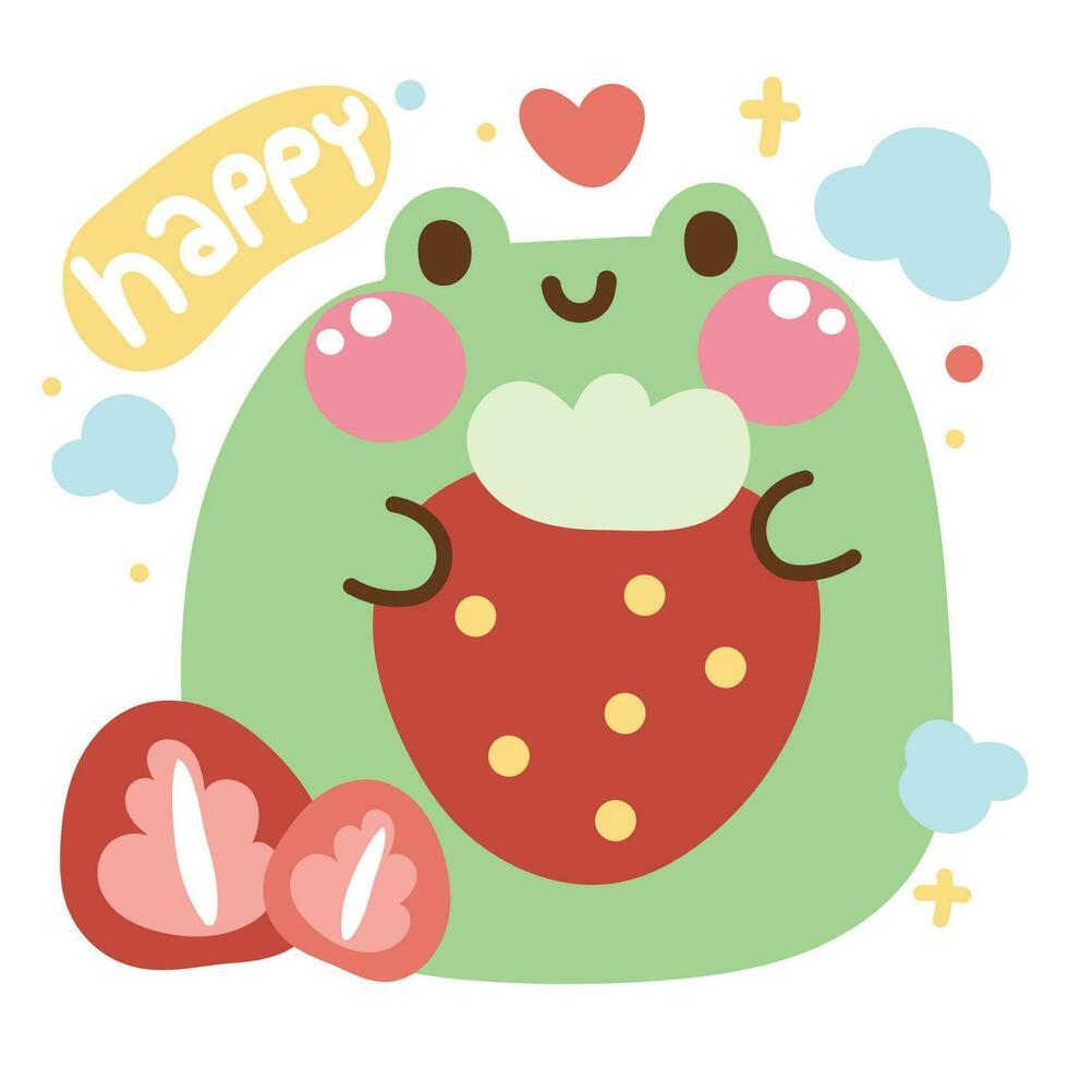 Cute chubby frog hug big strawberry with cloud on white background.Reptile vector