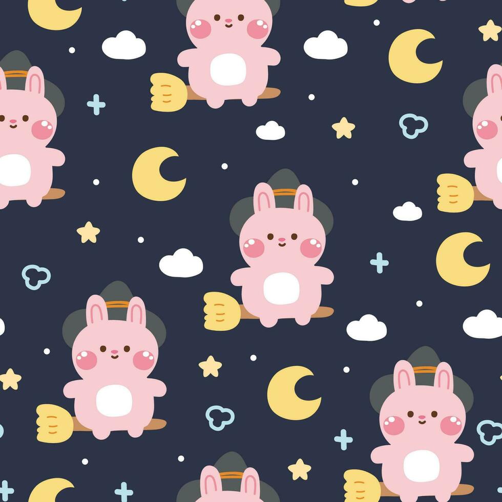 Seamless pattern of cute rabbit witch flying on night sky background.Bunny cartoon. vector