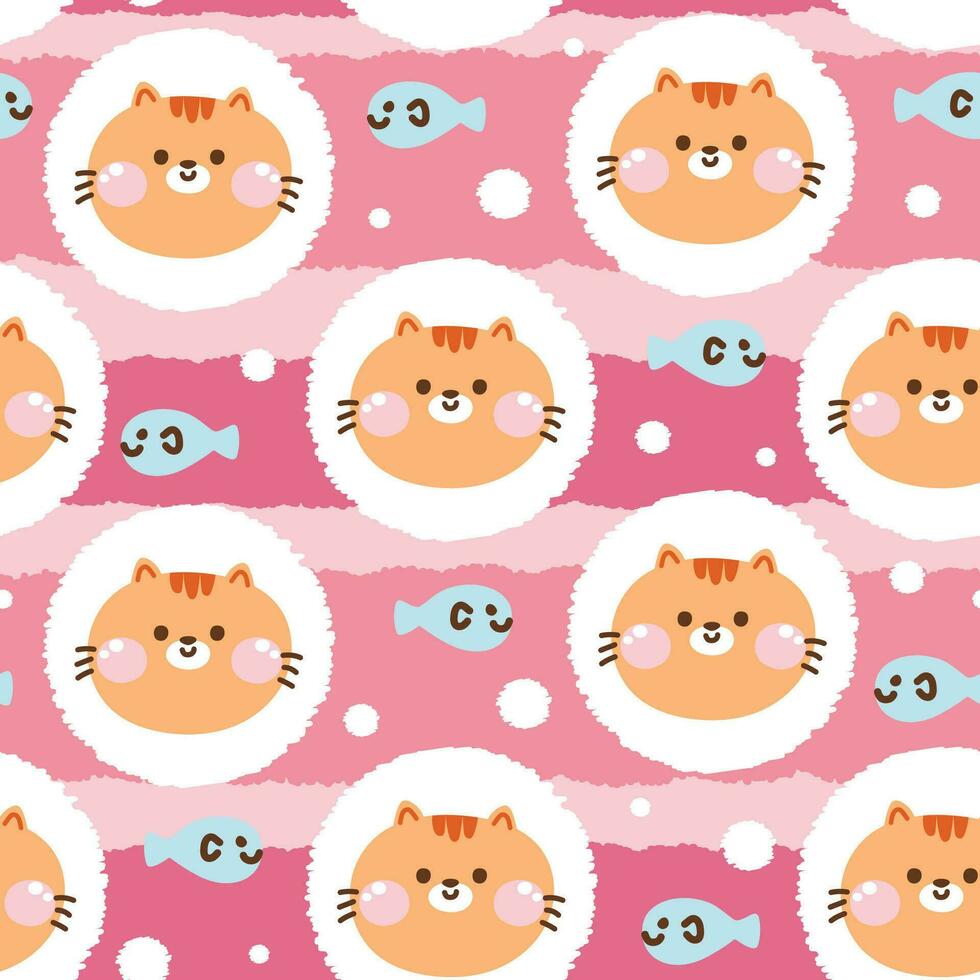 Seamless pattern of cute face orange cat in circle with fish on pink background.Pet animal character cartoon design.Meow lover.Kawaii.Vector.Illustration. vector