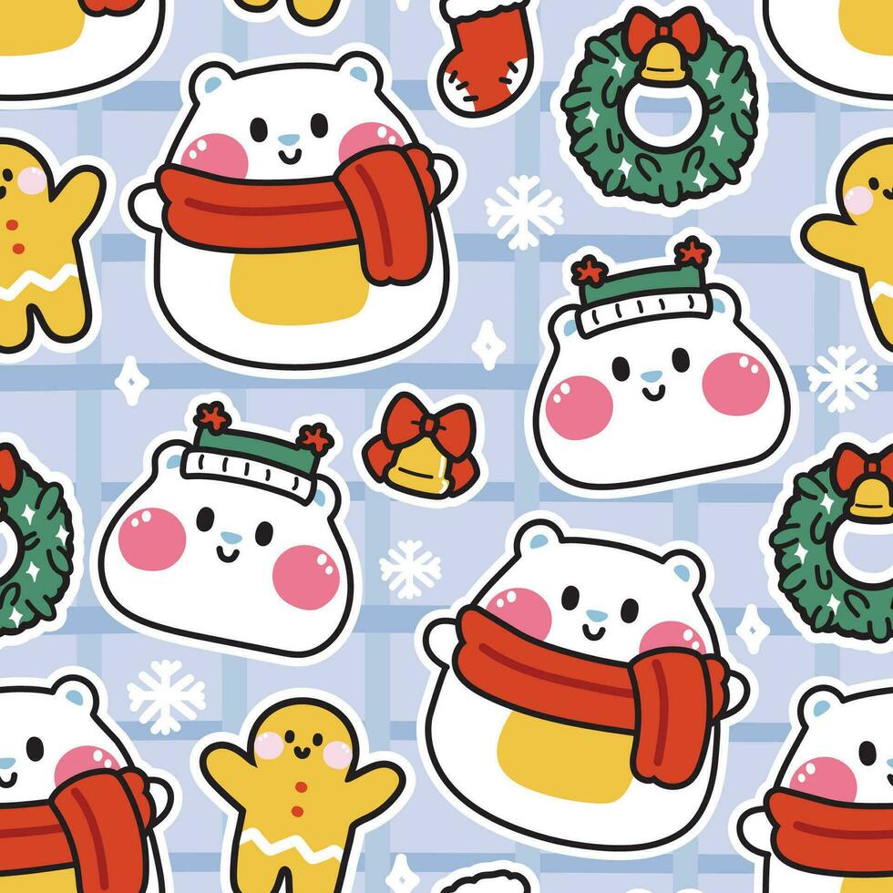 Seamless pattern of cute chubby white bear in merry christmas concept.Wild animal character vector