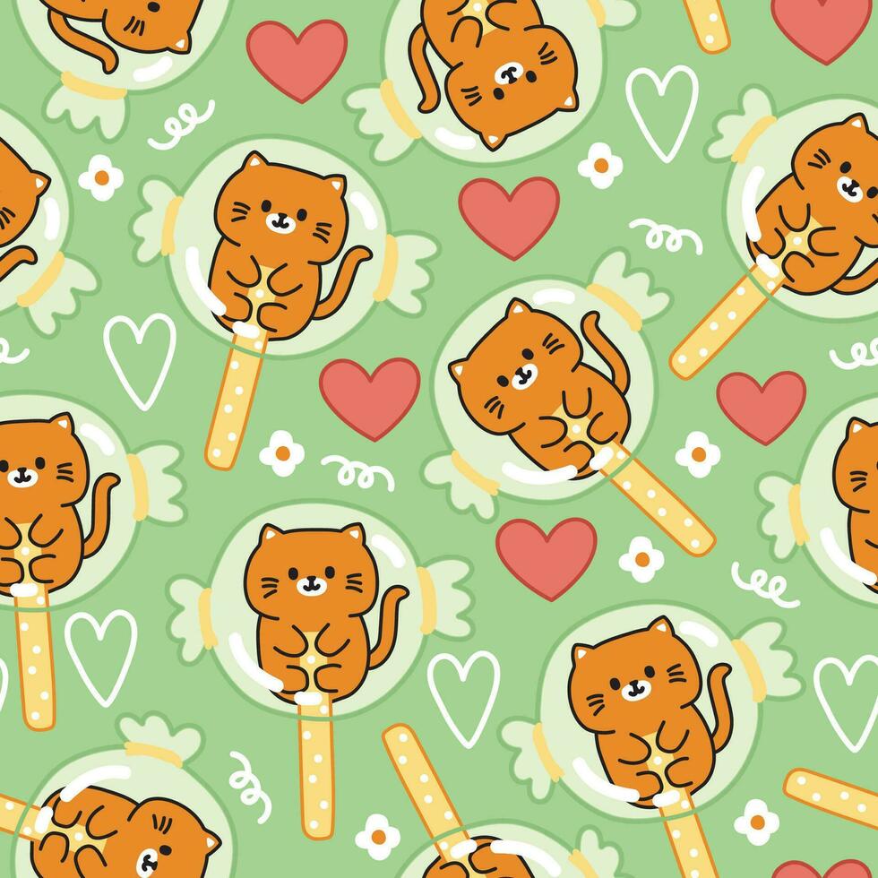 Seamless pattern of cute cat candy with heart and flower on pastel green background.Pet animal character cartoon design.Baby clothing.Meow lover.Kawaii.Vector.Illustration. vector