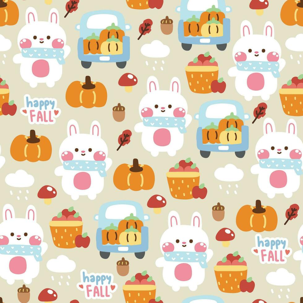Seamless pattern of cute rabbit wear scarf with icon in autumn and fall concept.Bunny hand drawn.Pumpkin,acorn,mushroom,cloud.Baby clothing.Kawaii.Vector.Illustration. vector