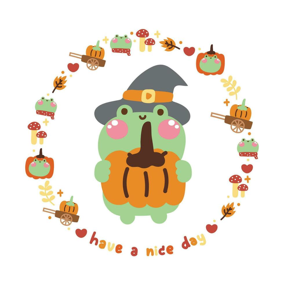 Cute frog witch hold pumpkin in autumn icon circle frame.Reptile animal character cartoon design.Fall.Halloween.Mushroom,leaf,heart.Kawaii.Vector.Ilustration. vector