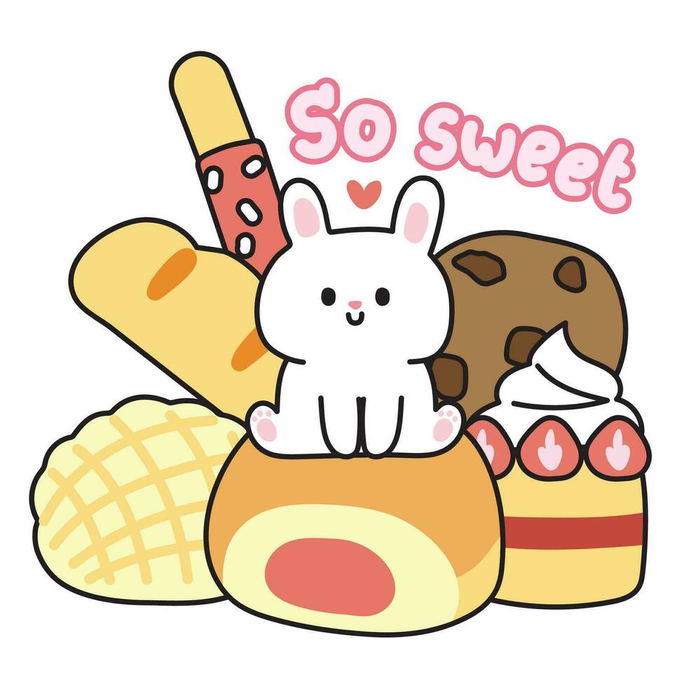 Tiny rabbit sit on bakery on white background.Bunny character cartoon design.Strawberry cake,bread,cookies hand drawn.So sweet.Kawaii.Vector.Illustration. vector