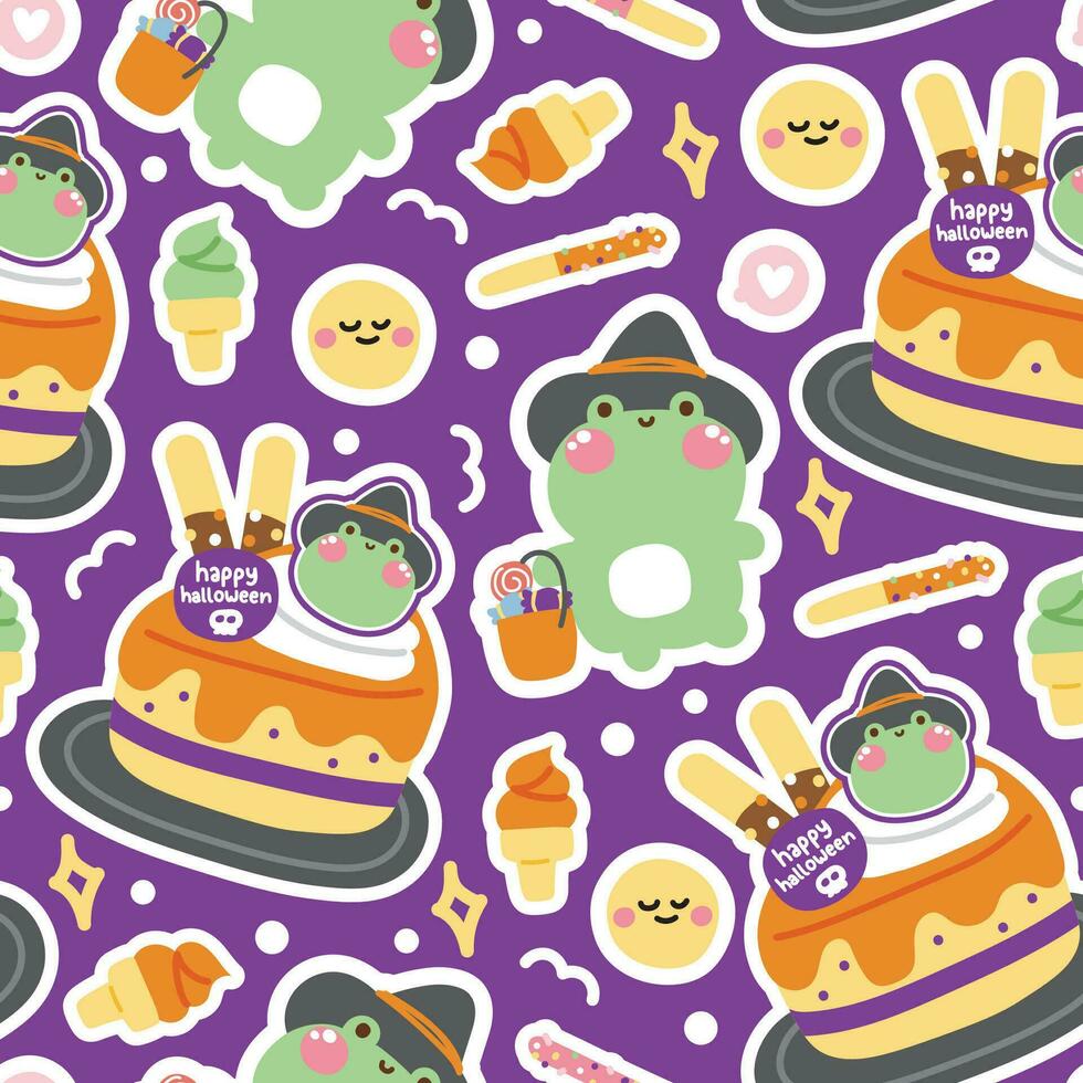 Seamles pattern of cute frog witch hold candy stciker background.Hallooween vector