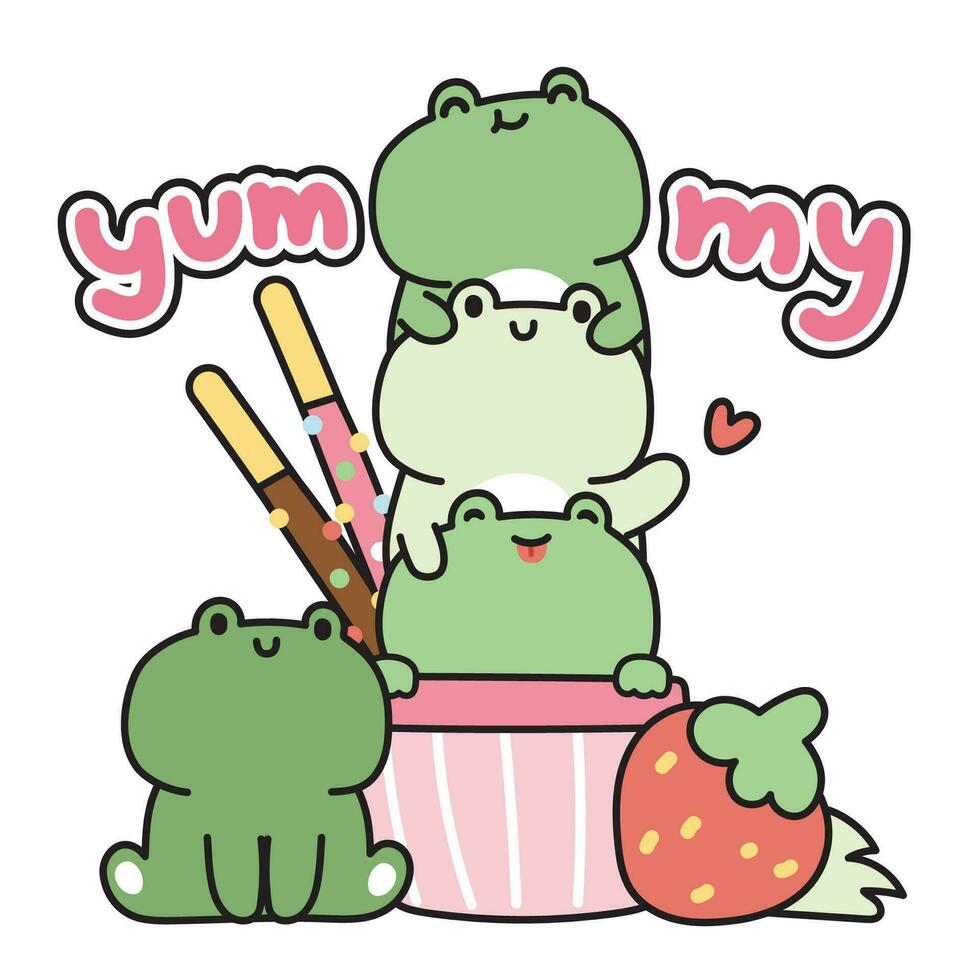 Cute frog ice cream matcha green tea flavor with strawberry.Funny cartoon character reptile animal design.Sweet and dessert.Isolated.Kawaii.Vector.Illustration. vector