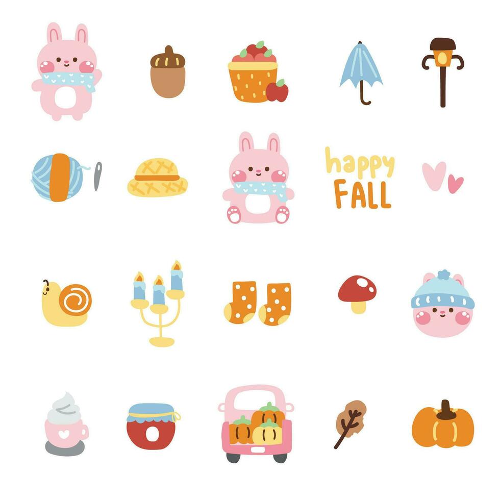 icono colección.conjunto de linda Conejo en otoño concepto.mascota animal personaje dibujos animados diseño.caída temporada.calabaza,bellota,manzana,champiñones mano dibujado.bunny.kawaii.vector.ilustracion. vector