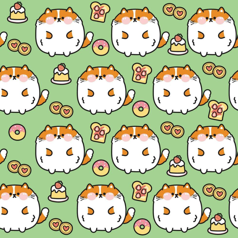 Seamless pattern of cute fat cat with bakery icon background.Chubby pet animal funny character cartoon design.Baby clothing.Strawberry cake,cookies,donut,bread.Meow lover.Kawaii.Vector.Illustration. vector