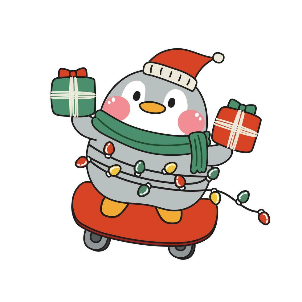 Light christmas on body penguin stay on skateboard and hold gift box.Animal cartoon character design.Merry chrsitmas.Play time.Kawaii.Vector.Illustration. vector
