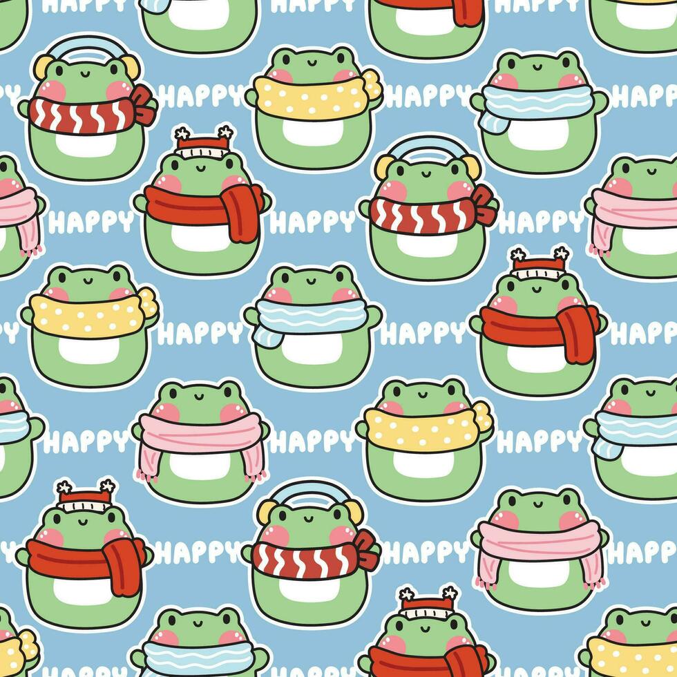 Seamless pattern of cute chubby frog in winter clothing with happy text on blue vector