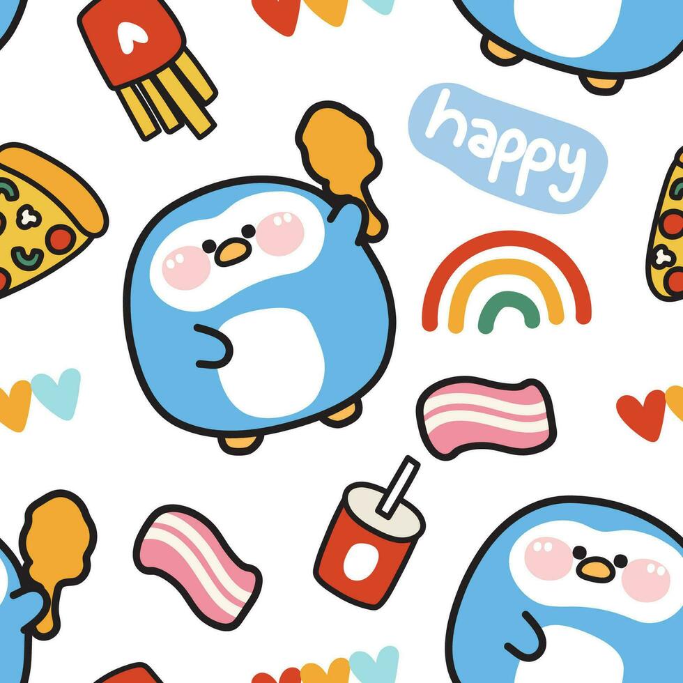 Seamless pattern of cute penguin with fastfood on white background.Animal and food hand drawn.Bacon,drink,pizza,heart,rainbow doodle.Kawaii.Vector.Illustration. vector