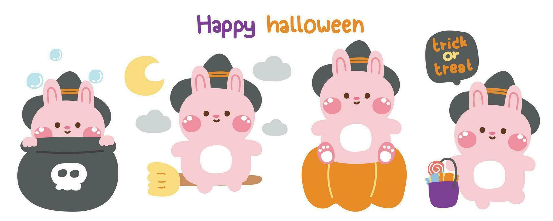 Set of cute rabbit in witch costume various poses in halloween concept.Festival. vector