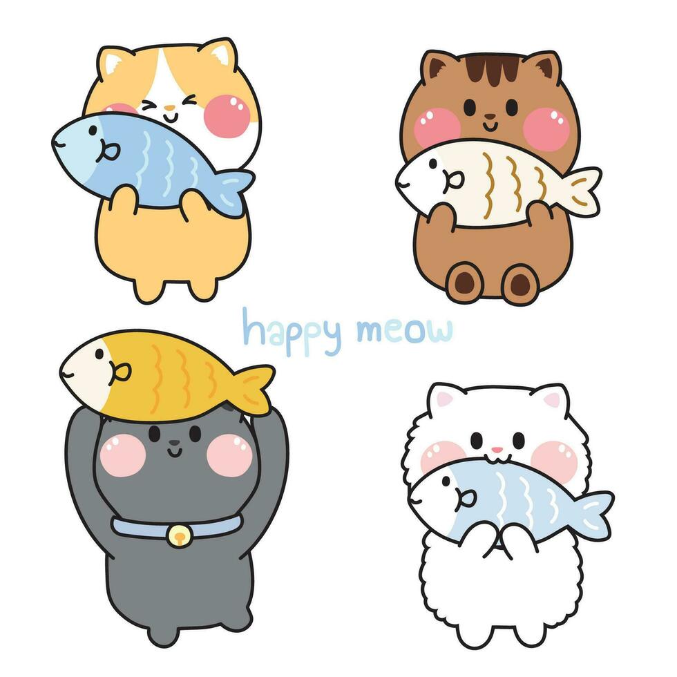 Set of cute cat with fish cartoon in various poses.Pet hand drawn collection.Animal character design.Isolated.Kawaii.Image for card,poster,sticker.Vector.Illustration. vector