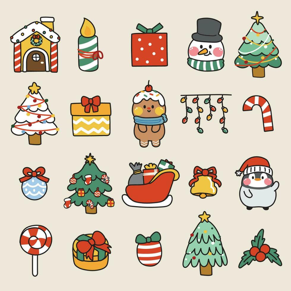 Set of cute icon in christmas and winter concept.Cartoon character design collection.Dessert house,gift box,snowman,tree,candy,gingerbread,penguin hand drawn.Kawaii.Vector.Illustration. vector