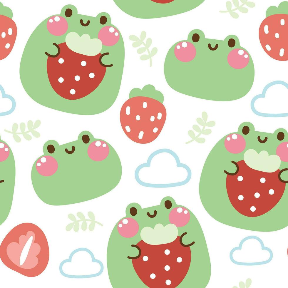 Seamless pattern of cute frog hug strawberry with cloud and leaf on white background.Reptile vector