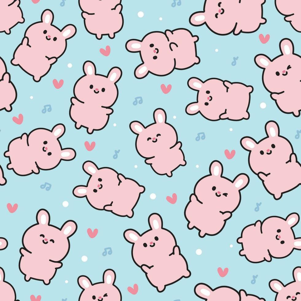 Seamless pattern of cute rabbit in happy feeling and dance with heart and note music on pastel background.Rodent animal character cartoon design.Kawaii.Vector.Illustration. vector