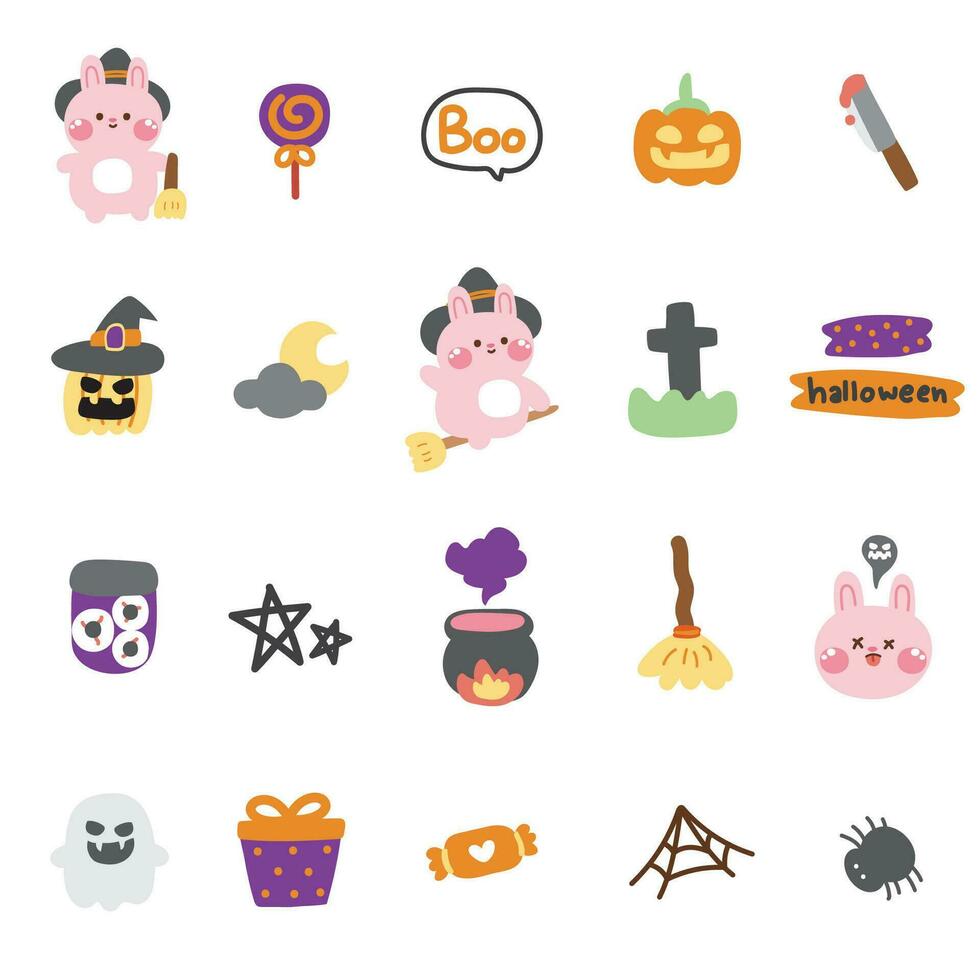 Set of cute icon rabbit witch in halloween concept.Festival.Autumn vector