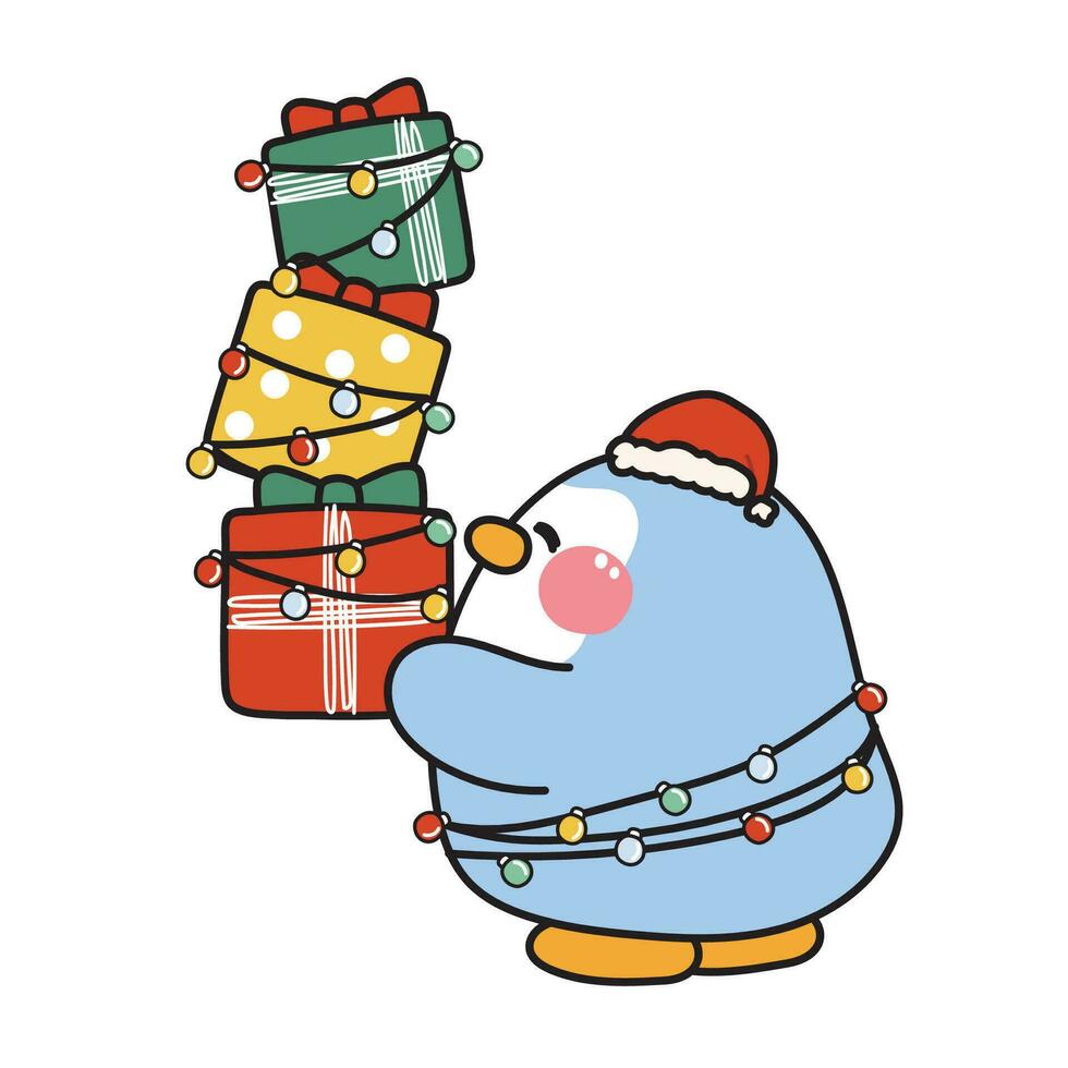 Cute penguin wear santa hat hold gift box cartoon on white background.Animal character cartoon design.Merry christmas.Winter.New year.Kawaii.Vector.Illustration. vector