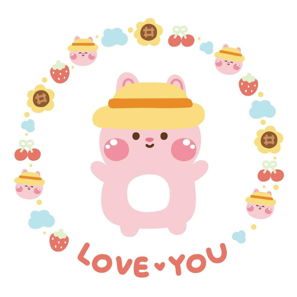 Cute rabbit greeting in tiny icon circle frame with love you text.Pet animal character cartoon design.Strawberry,cloud,cherry,sun flower.Bunny.Kawaii.Vector.Illustration. vector