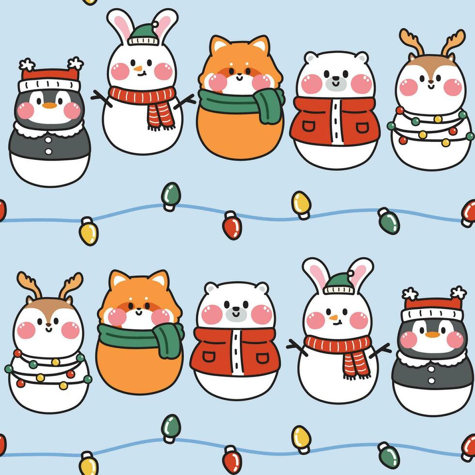 Seamless pattern of cute animal snowman with light christmas on blue background vector