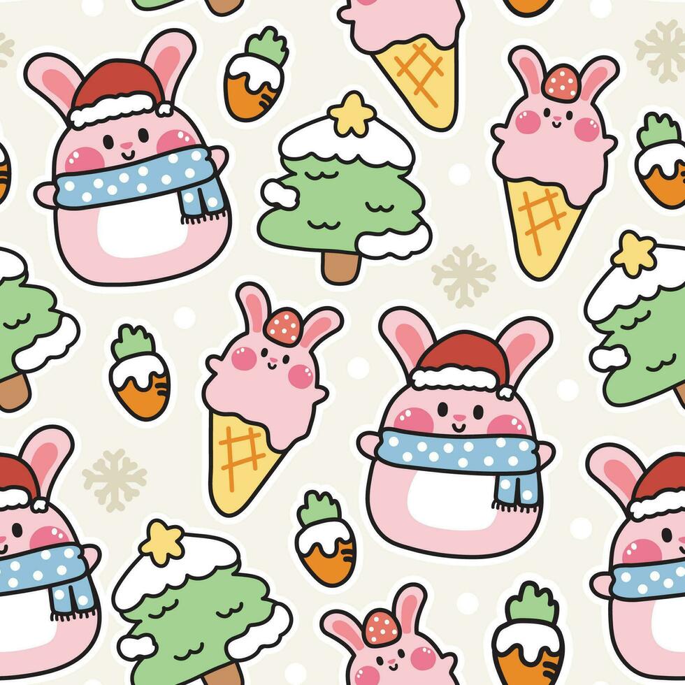 Seamless pattern of cute chubby rabbit with christmas icon background.Rodent animal vector