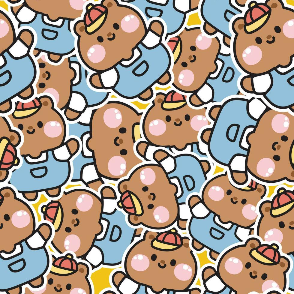 Seamless pattern of cute sticker teddy bear wear cap  background.Wild animal vector
