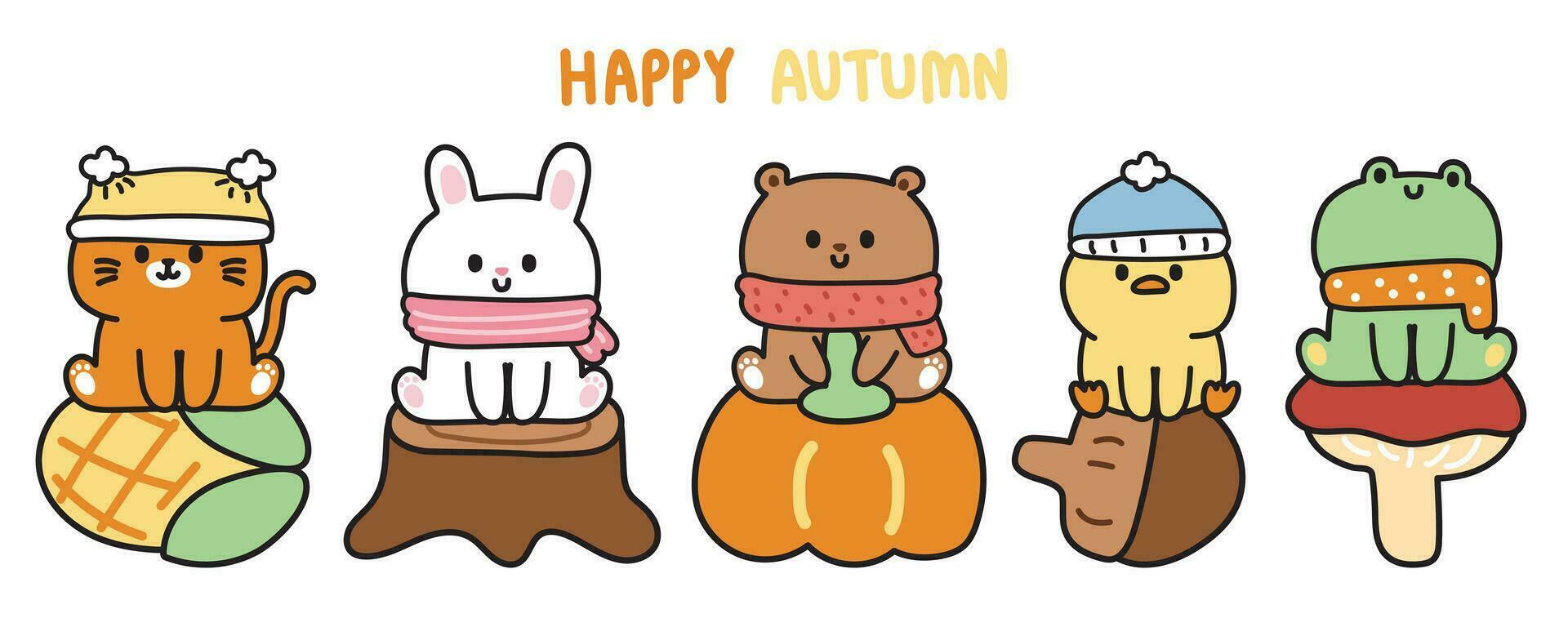 Set of cute animals sit on fall season object cartoon concept.Happy autumn text.Cat,rabbit,bear,chicken,frog hand drawn.Pet.Reptile.Wild.Kawaii.Vector.Illustration. vector