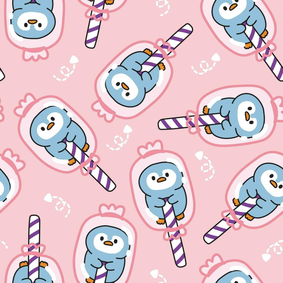 Seamless pattern of cute penguin in candy package on pink background.Bird animal character desing.Sweet and dessert.Kawaii.Vector.Illustration. vector