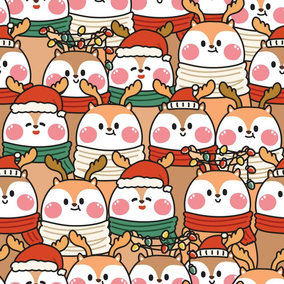 Repeat.Seamless pattern of cute deer wear santa claus hat background.Animal character cartoon design.Merry christmas concept.Kawaii.Vector.Illustration. vector