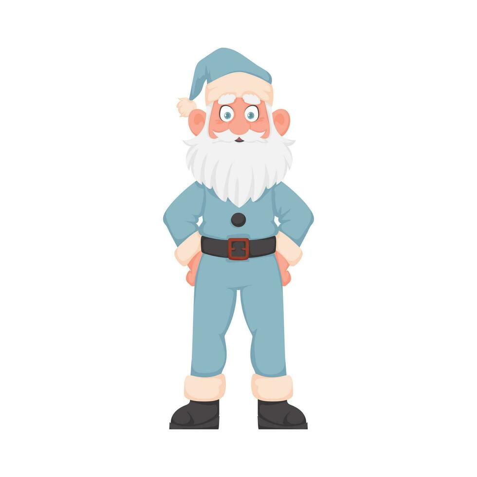 Santa Claus with a big white beard in a blue New Year's suit. Cartoon style vector