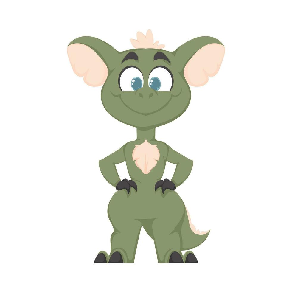 Mystical, fabulous funny green dinosaur. Cartoon style vector