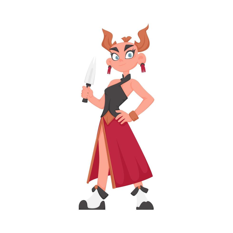 A cartoon woman with horns and a knife vector