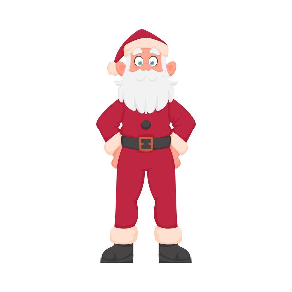 Santa Claus with a big white beard in a red New Year's suit. Cartoon style vector