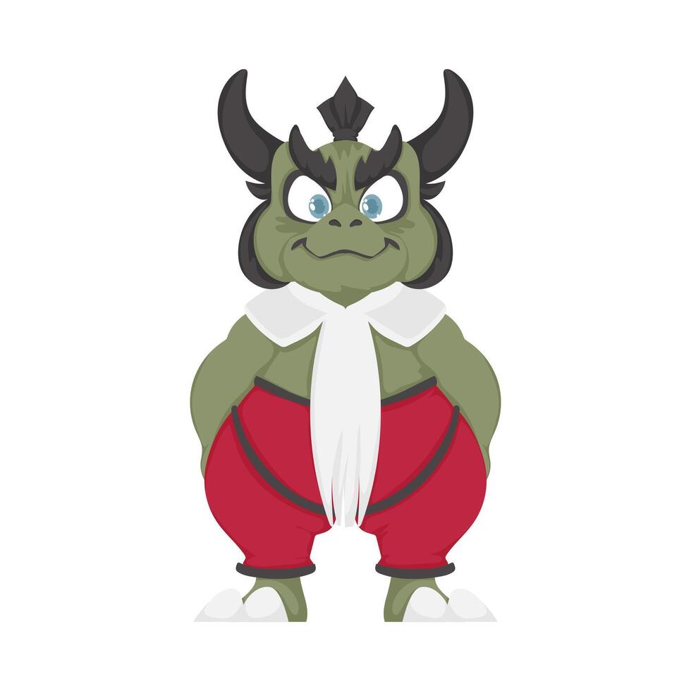 A cartoon green demon with horns and a red pants vector
