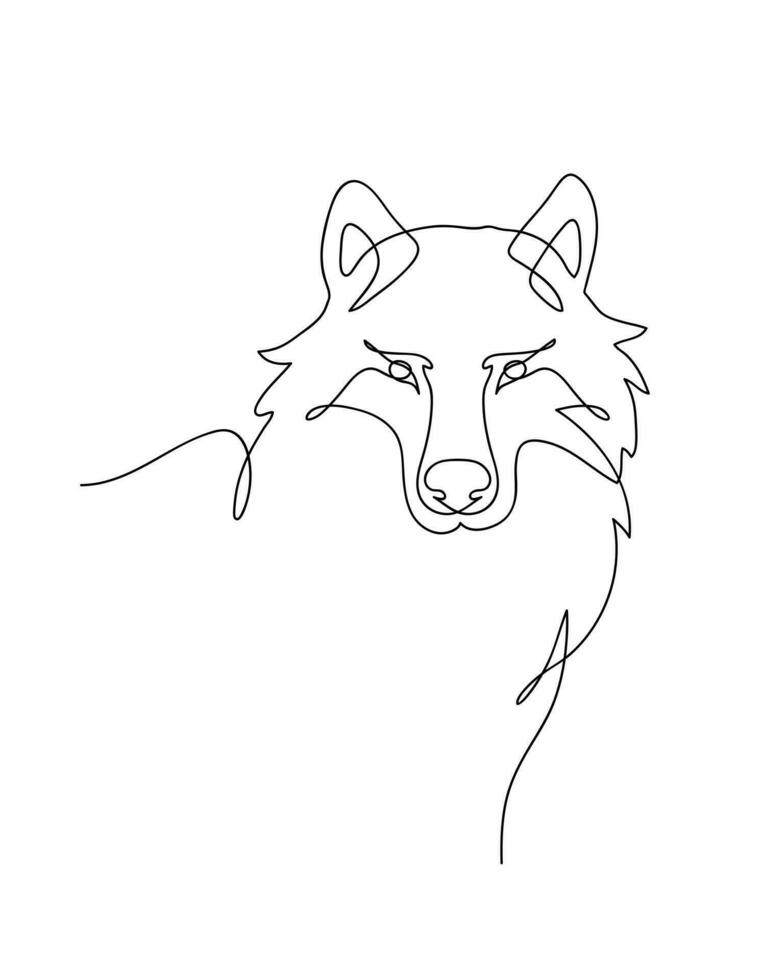 Wolf portrait front face, Continuous line art drawing style, Design template linear minimal style. Vector illustration.