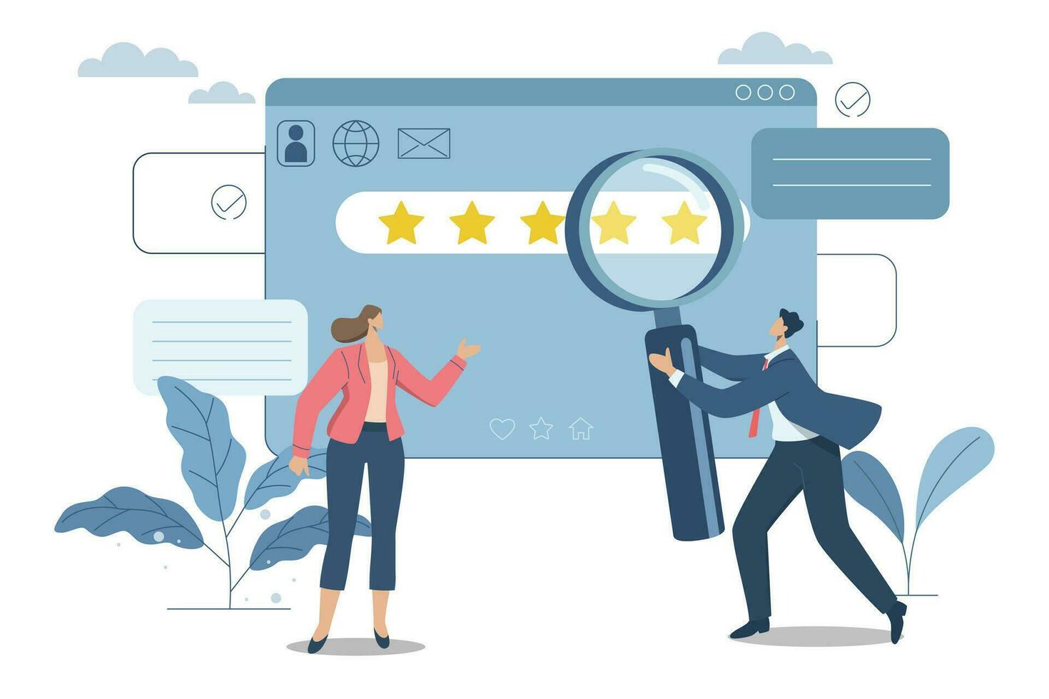 People's reviews and feedback ideas, Evaluating in the best credit ratings and customer satisfaction, Team of business people analyzes the reviews or feedback on the organization's products. vector