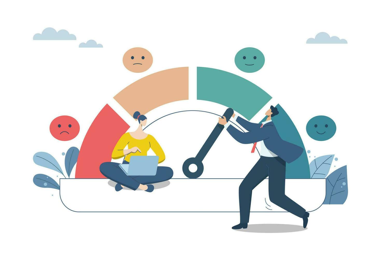 Measuring customer satisfaction scores with emotion icons, Performance ratings or user recommendations, Business men and women are pushing forward improving to make rating to be excellent. vector