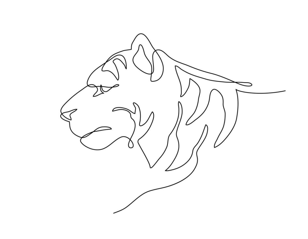 Tiger portrait side face, Continuous line art drawing style, Design template linear minimal style. Vector illustration.