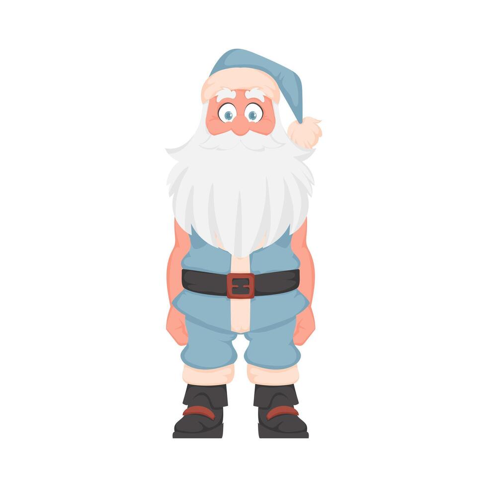 Papa Noel claus con un grande blanco barba en un azul nuevo años traje. dibujos animados estilo vector