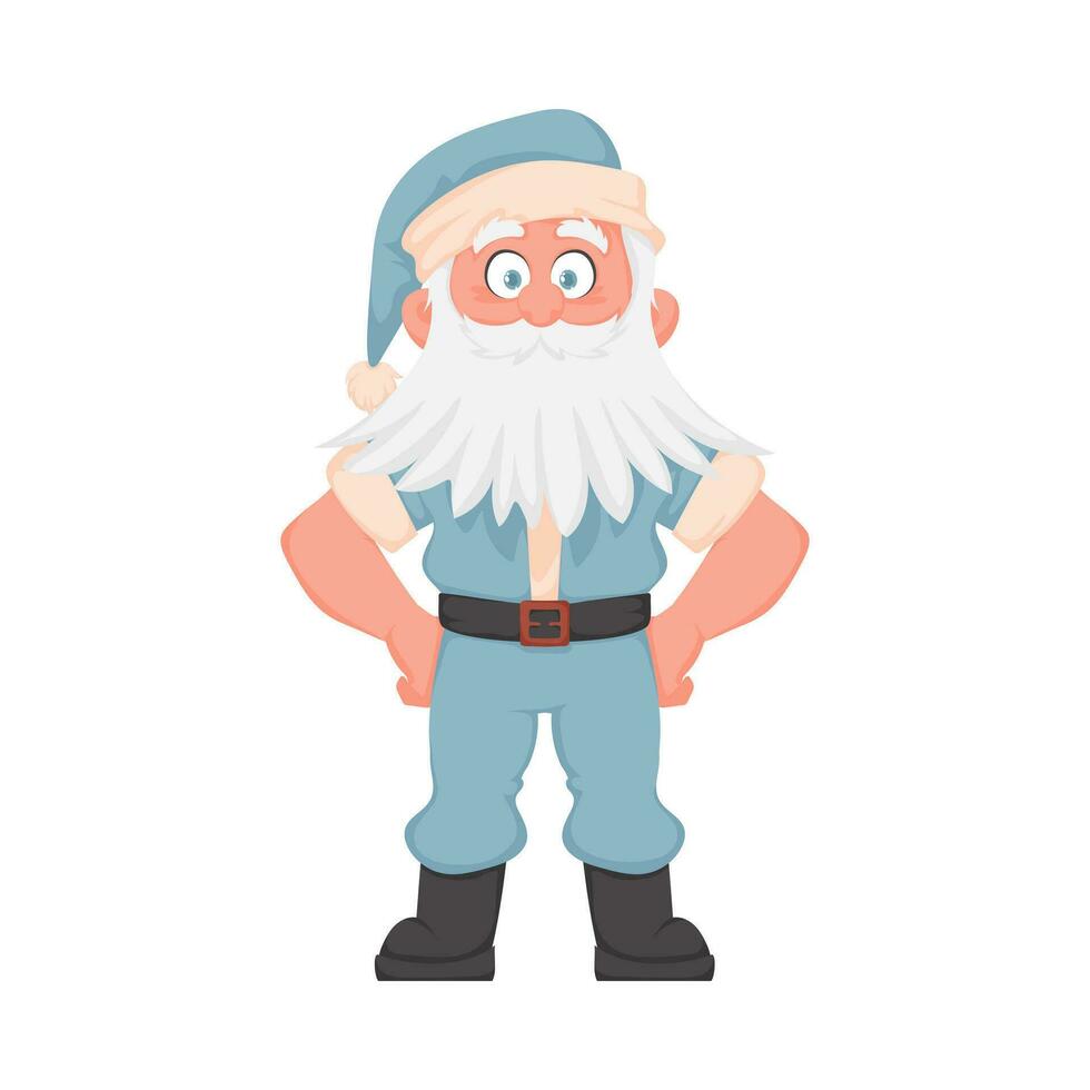 Santa Claus with a big white beard in a blue New Year's suit. Cartoon style vector